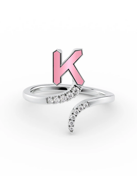 Pink K 14K White Gold Initial Letter Dainty Ring