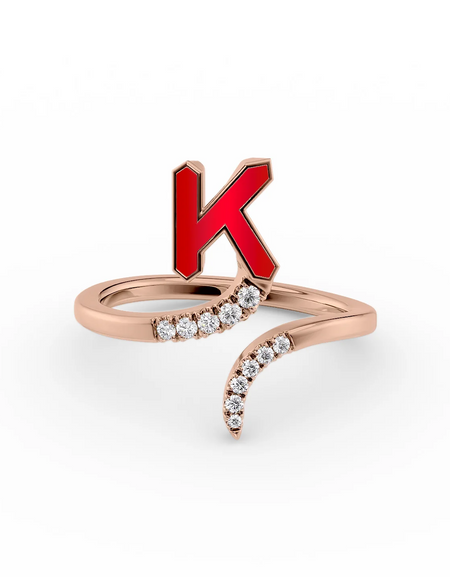 Red K 14K Rose Gold Initial Letter Dainty Ring