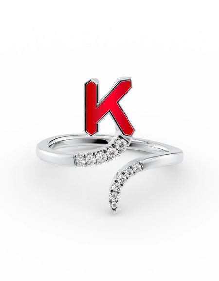 Red K 14K White Gold Initial Letter Dainty Ring