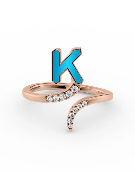 Turquoise K 14K Rose Gold Initial Letter Dainty Ring