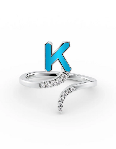 Turquoise K 14K White Gold Initial Letter Dainty Ring