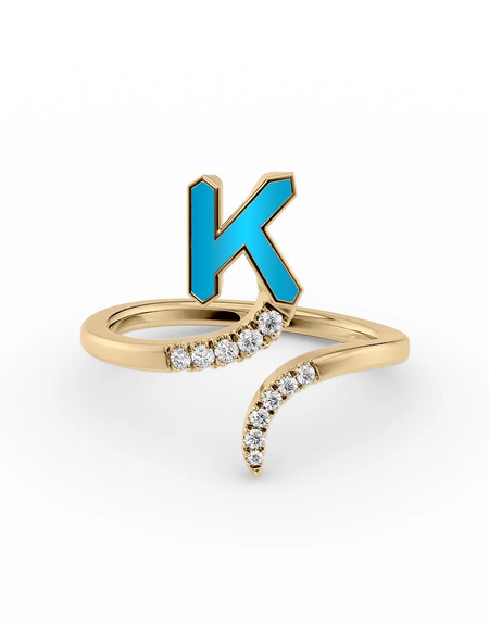 Turquoise K 14K Yellow Gold Initial Letter Dainty Ring