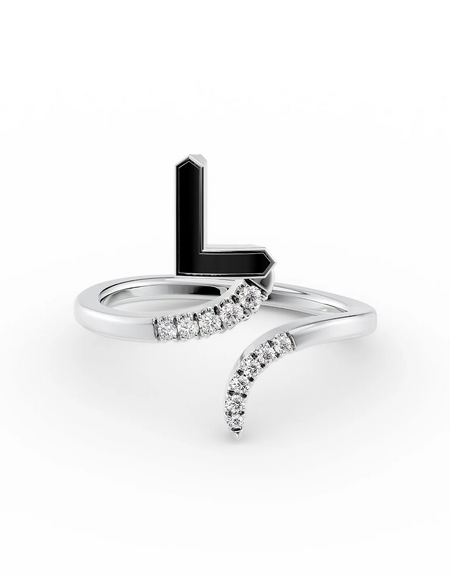 Black L 14K White Gold Initial Letter Dainty Ring