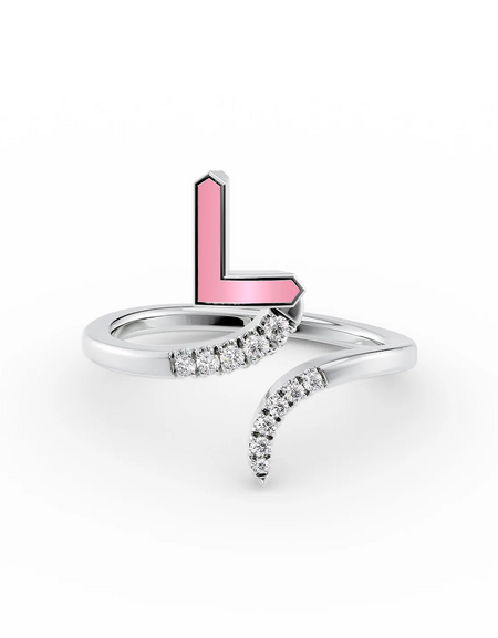 Pink L 14K White Gold Initial Letter Dainty Ring