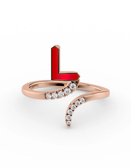 Red L 14K Rose Gold Initial Letter Dainty Ring