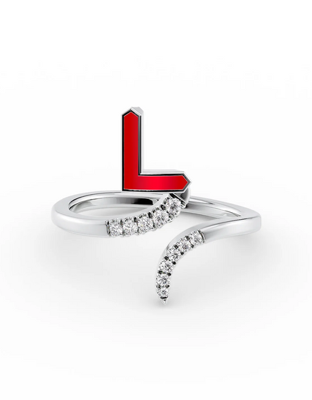 Red L 14K White Gold Initial Letter Dainty Ring