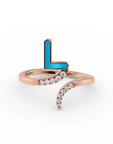 Turquoise L 14K Rose Gold Initial Letter Dainty Ring
