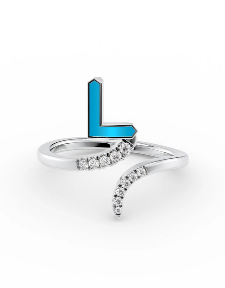 Turquoise L 14K White Gold Initial Letter Dainty Ring