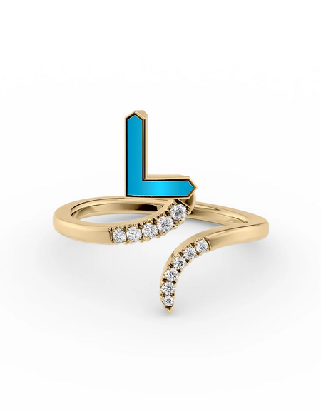 Turquoise L 14K Yellow Gold Initial Letter Dainty Ring