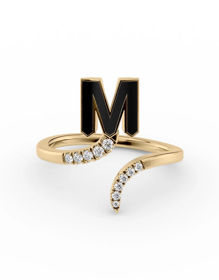 Black M 14K Yellow Gold Initial Letter Dainty Ring