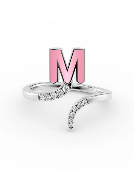 Pink M 14K White Gold Initial Letter Dainty Ring