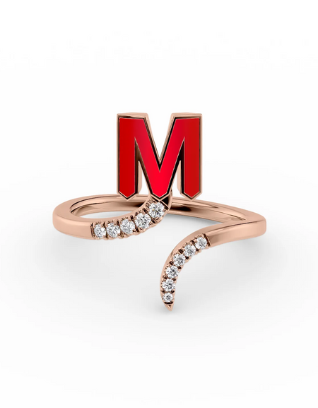 Red M 14K Rose Gold Initial Letter Dainty Ring