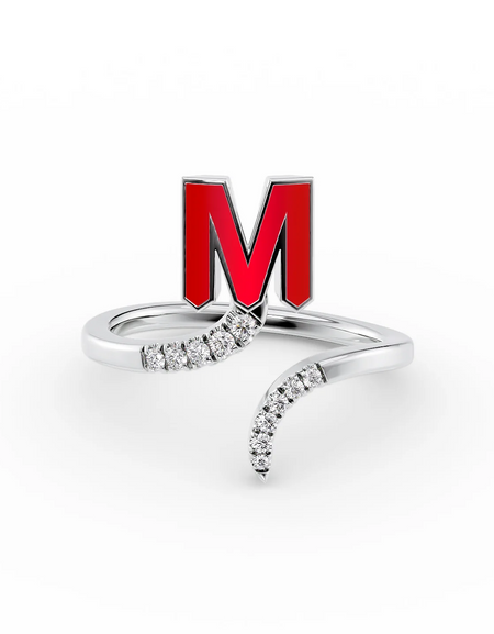 Red M 14K White Gold Initial Letter Dainty Ring