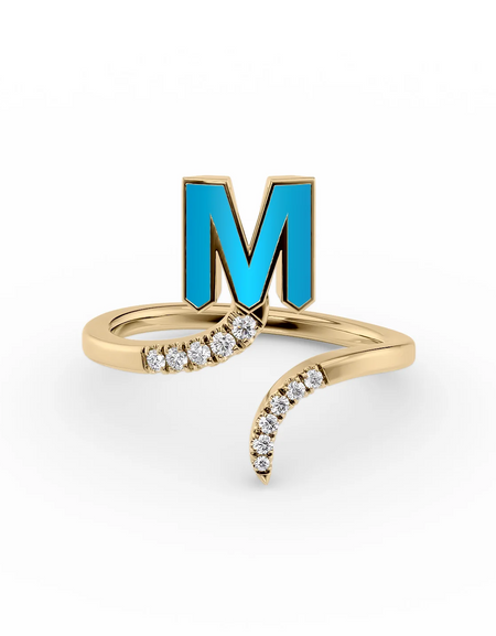 Turquoise M 14K Yellow Gold Initial Letter Dainty Ring