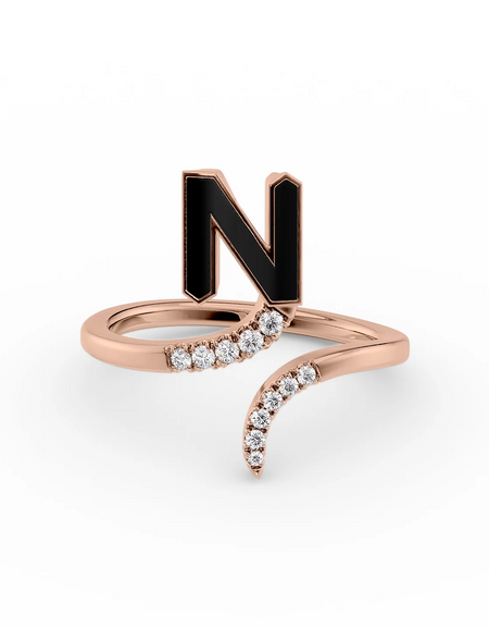 Black N 14K Rose Gold Initial Letter Dainty Ring