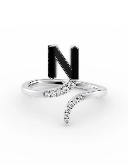 Black N 14K White Gold Initial Letter Dainty Ring