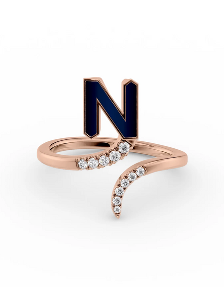 Blue N 14K Rose Gold Initial Letter Dainty Ring