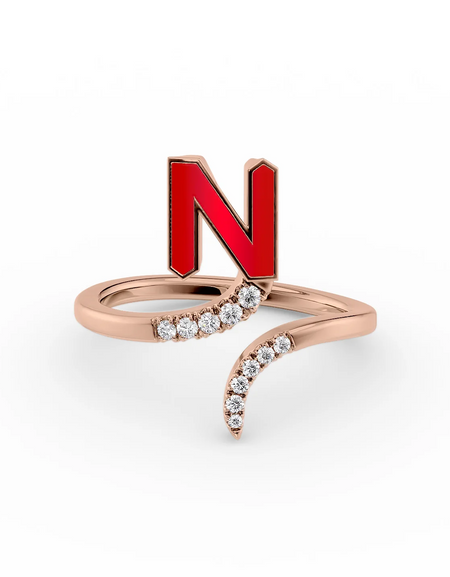 Red N 14K Rose Gold Initial Letter Dainty Ring