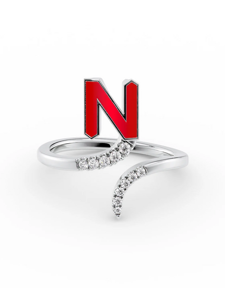 Red N 14K White Gold Initial Letter Dainty Ring