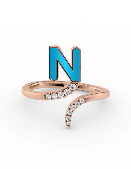 Turquoise N 14K Rose Gold Initial Letter Dainty Ring