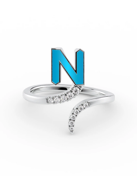 Turquoise N 14K White Gold Initial Letter Dainty Ring
