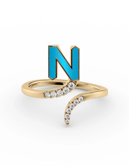 Turquoise N 14K Yellow Gold Initial Letter Dainty Ring