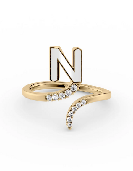 White N 14K Yellow Gold Initial Letter Dainty Ring
