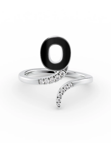 Black O 14K White Gold Initial Letter Dainty Ring