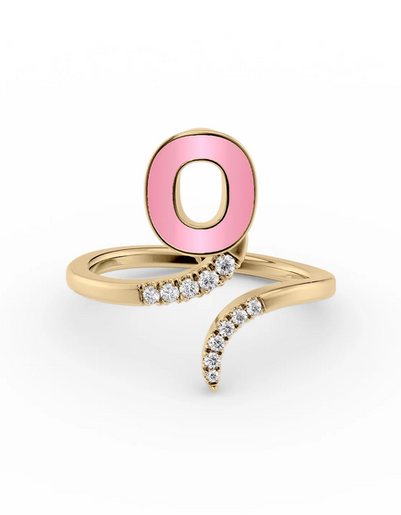 Pink O 14K Yellow Gold Initial Letter Dainty Ring