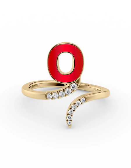 Red O 14K Yellow Gold Initial Letter Dainty Ring