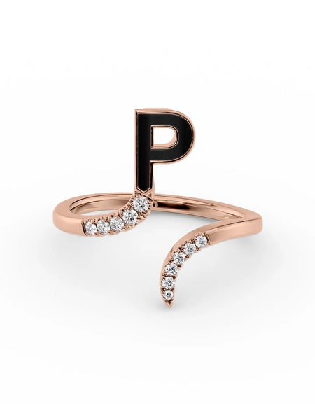 Black P 14K Rose Gold Initial Letter Dainty Ring