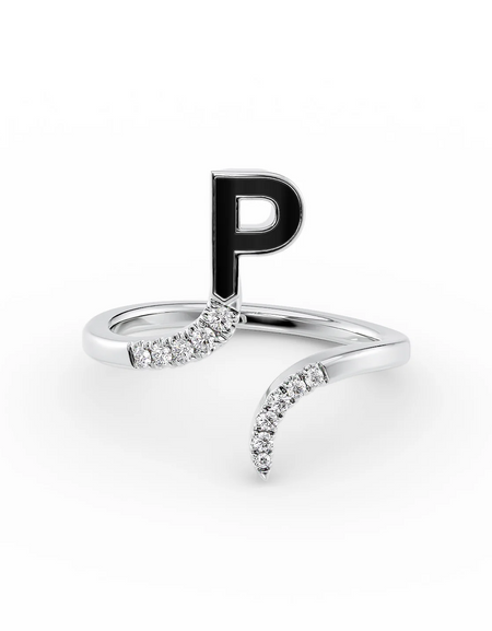 Black P 14K White Gold Initial Letter Dainty Ring
