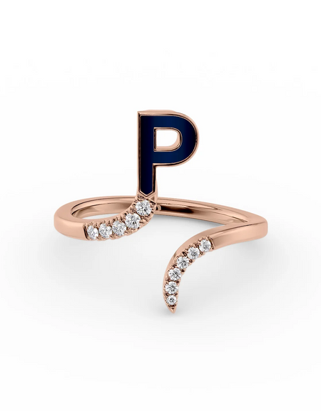 Blue P 14K Rose Gold Initial Letter Dainty Ring