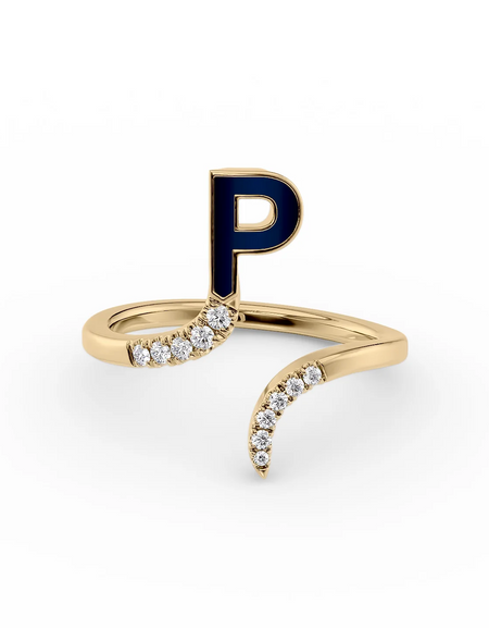 Blue P 14K Yellow Gold Initial Letter Dainty Ring
