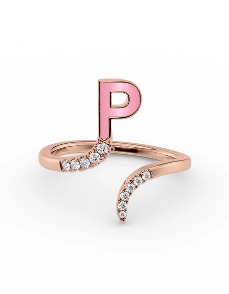 Pink P 14K Rose Gold Initial Letter Dainty Ring
