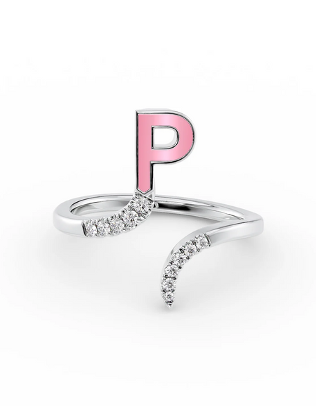 Pink P 14K White Gold Initial Letter Dainty Ring