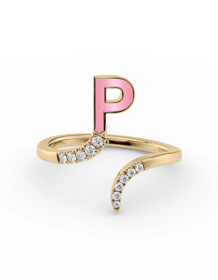 Pink P 14K Yellow Gold Initial Letter Dainty Ring