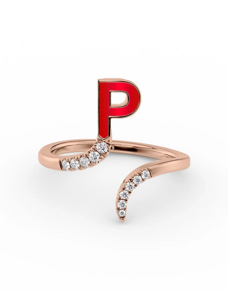 Red P 14K Rose Gold Initial Letter Dainty Ring