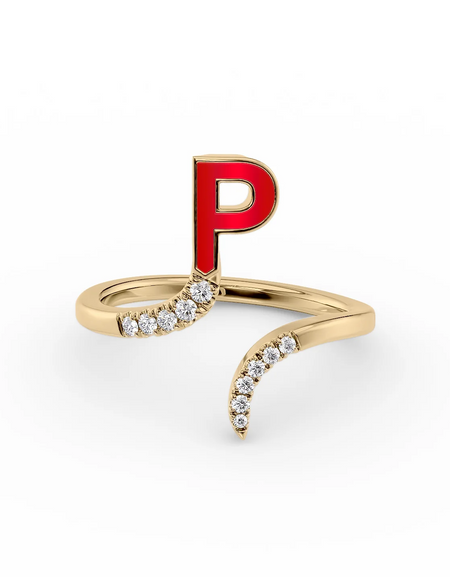 Red P 14K Yellow Gold Initial Letter Dainty Ring