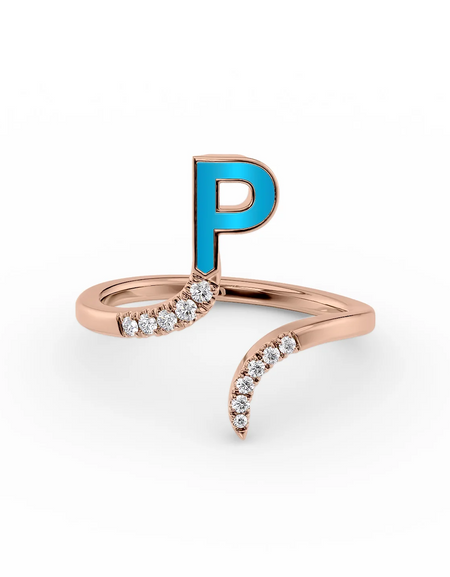 Turquoise P 14K Rose Gold Initial Letter Dainty Ring