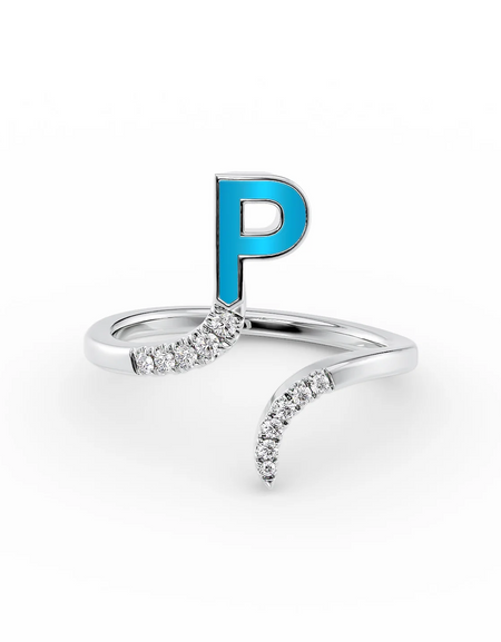 Turquoise P 14K White Gold Initial Letter Dainty Ring