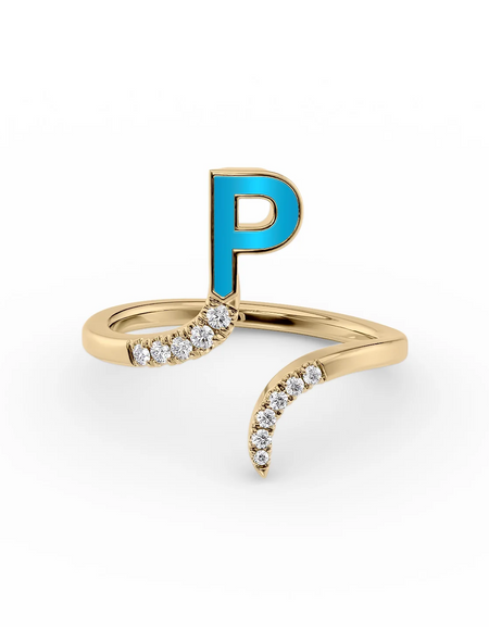 Turquoise P 14K Yellow Gold Initial Letter Dainty Ring