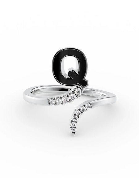 Black Q 14K White Gold Initial Letter Dainty Ring