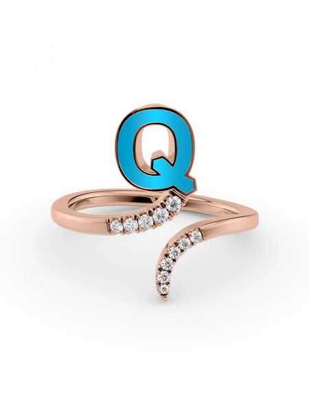 Turquoise Q 14K Rose Gold Initial Letter Dainty Ring