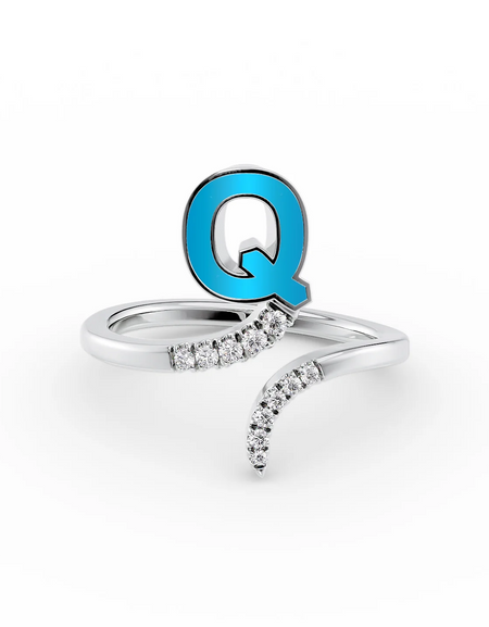 Turquoise Q 14K White Gold Initial Letter Dainty Ring