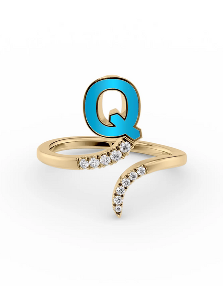 Turquoise Q 14K Yellow Gold Initial Letter Dainty Ring