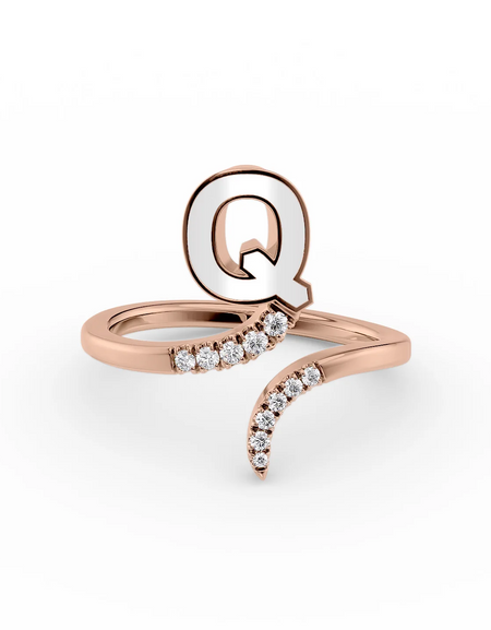White Q 14K Rose Gold Initial Letter Dainty Ring