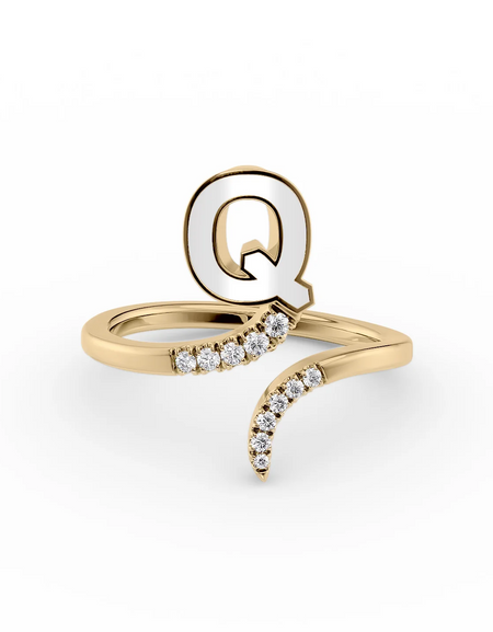 White Q 14K Yellow Gold Initial Letter Dainty Ring