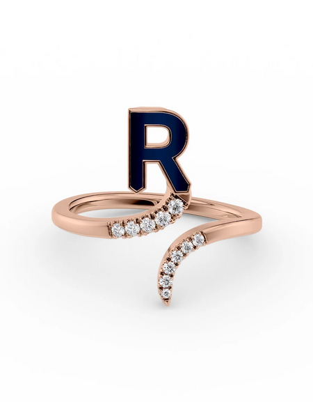 Blue R 14K Rose Gold Initial Letter Dainty Ring