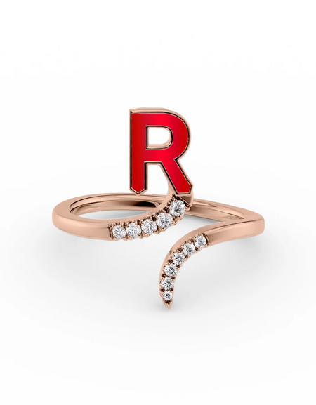 Red R 14K Rose Gold Initial Letter Dainty Ring